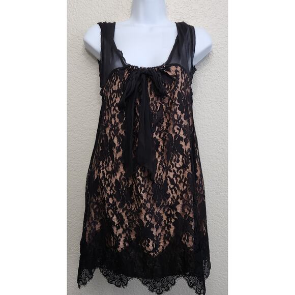 Forever 21 Black Lace Overlay Mini Dress Small Sheer Cap Sleeves Backless Tie - Picture 1 of 5